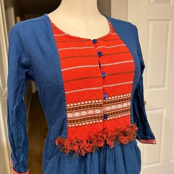 Melange Colour Me 100% Cotton Blue Long Sleeve Dress with Red Bib - Picture 3 of 15